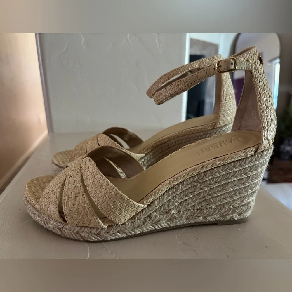 Ralph Lauren Natural Woven Ankle Strap Wedge Sandals Nelia Raffia Espadrille 7.5